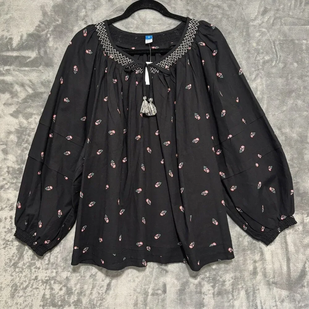 Old Navy Boho Embroidered Black Floral Top Sz 2X Puff Sleeves